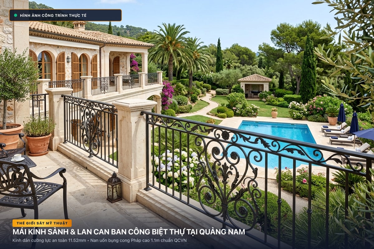Thi công mái kính nghệ thuật sảnh biệt thự và lan can ban công sắt uốn tại Quảng Nam