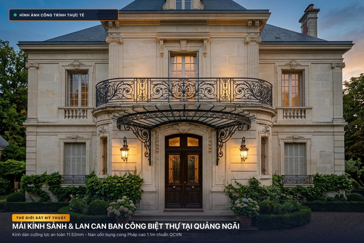 Thi công mái kính nghệ thuật sảnh biệt thự và lan can ban công sắt uốn tại Quảng Ngãi