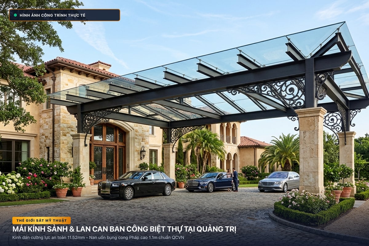 Thi công mái kính nghệ thuật sảnh biệt thự và lan can ban công sắt uốn tại Quảng Trị