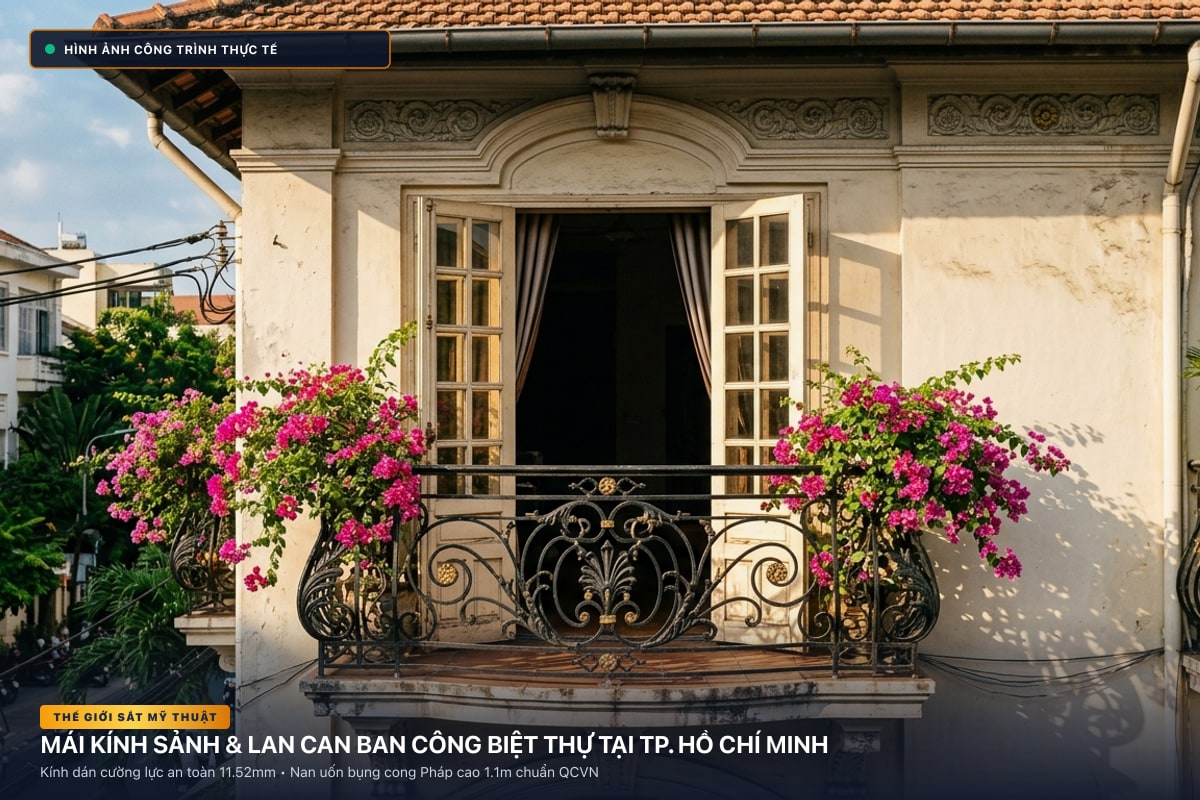 Thi công mái kính nghệ thuật sảnh biệt thự và lan can ban công sắt uốn tại TP. Hồ Chí Minh
