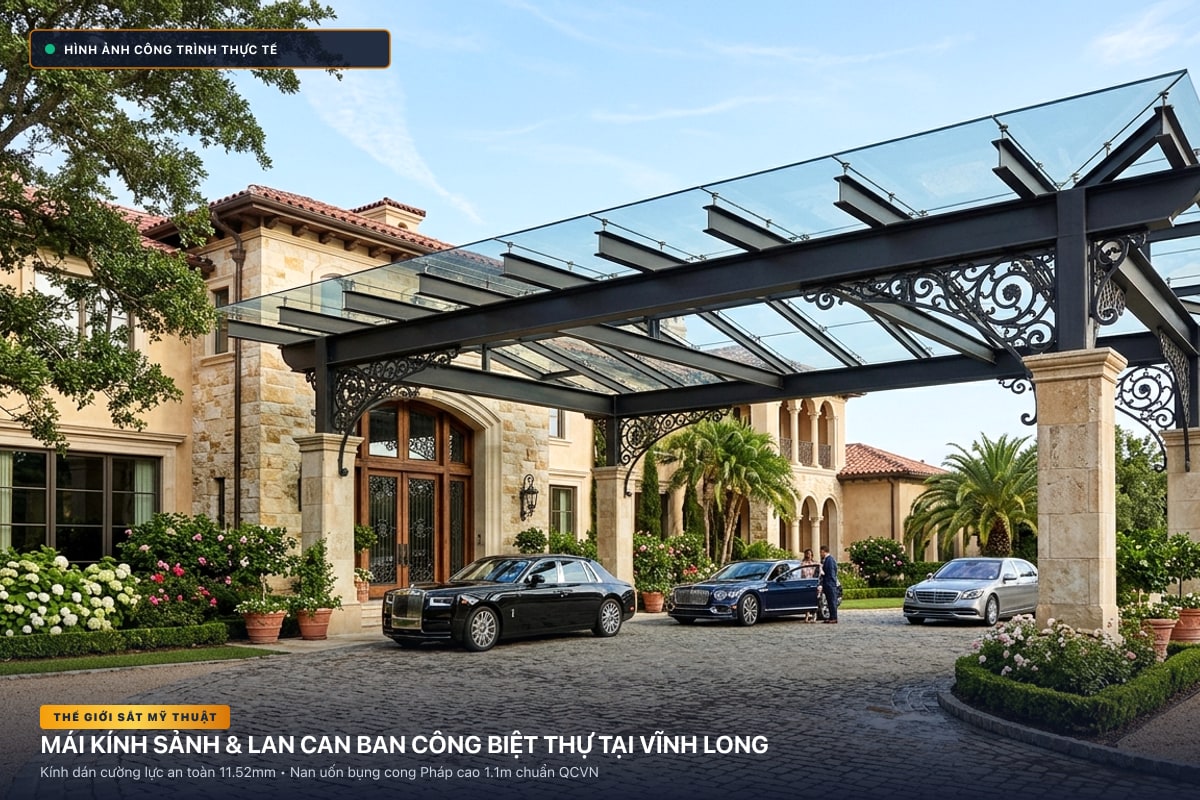 Thi công mái kính nghệ thuật sảnh biệt thự và lan can ban công sắt uốn tại Vĩnh Long