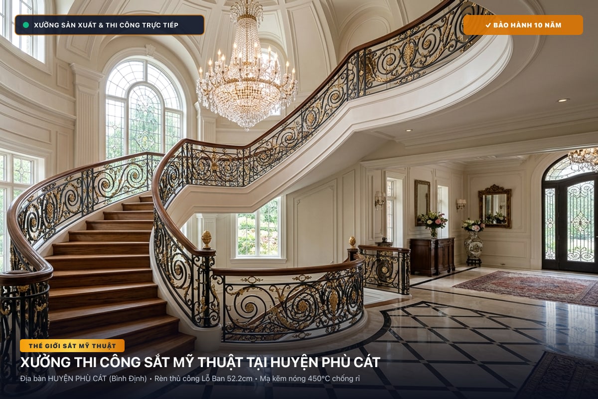Xưởng thi công sắt mỹ thuật tại Huyện Phù Cát - Cổng sắt biệt thự, cầu thang nghệ thuật