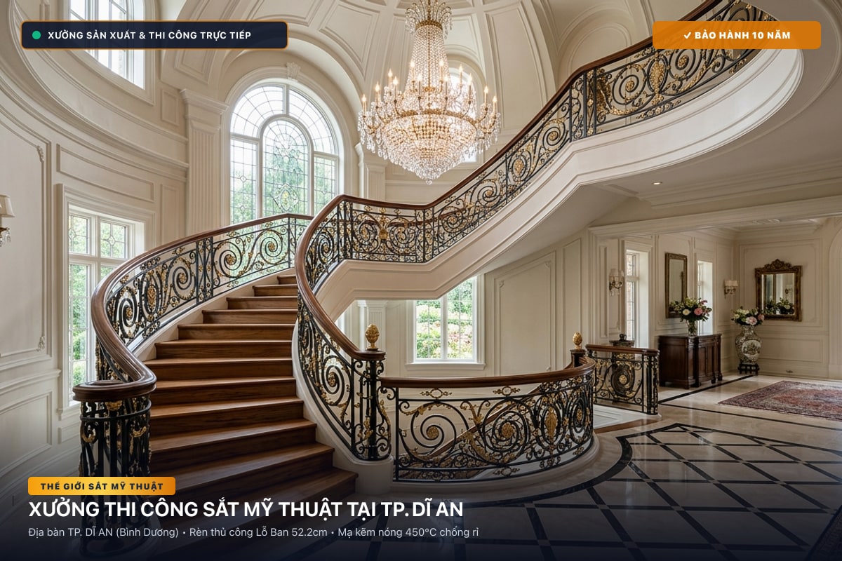 Xưởng thi công sắt mỹ thuật tại TP. Dĩ An - Cổng sắt biệt thự, cầu thang nghệ thuật