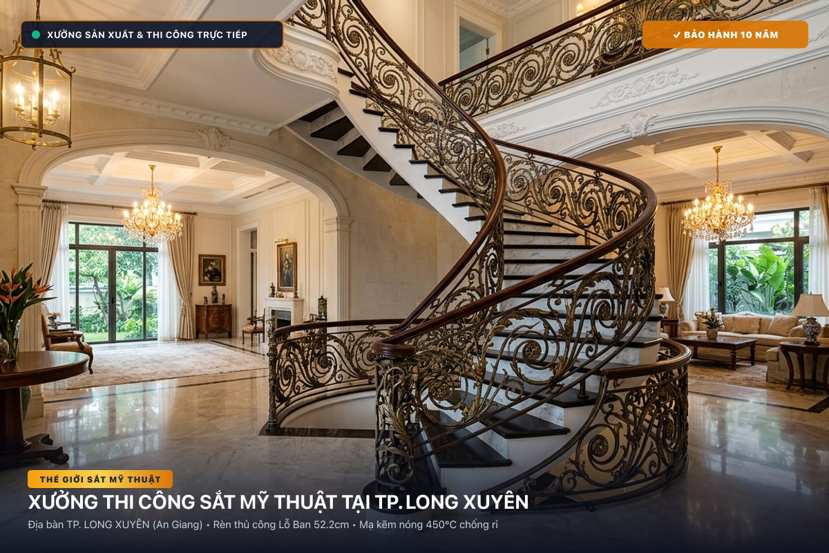Xưởng thi công sắt mỹ thuật tại TP. Long Xuyên - Cổng sắt biệt thự, cầu thang nghệ thuật