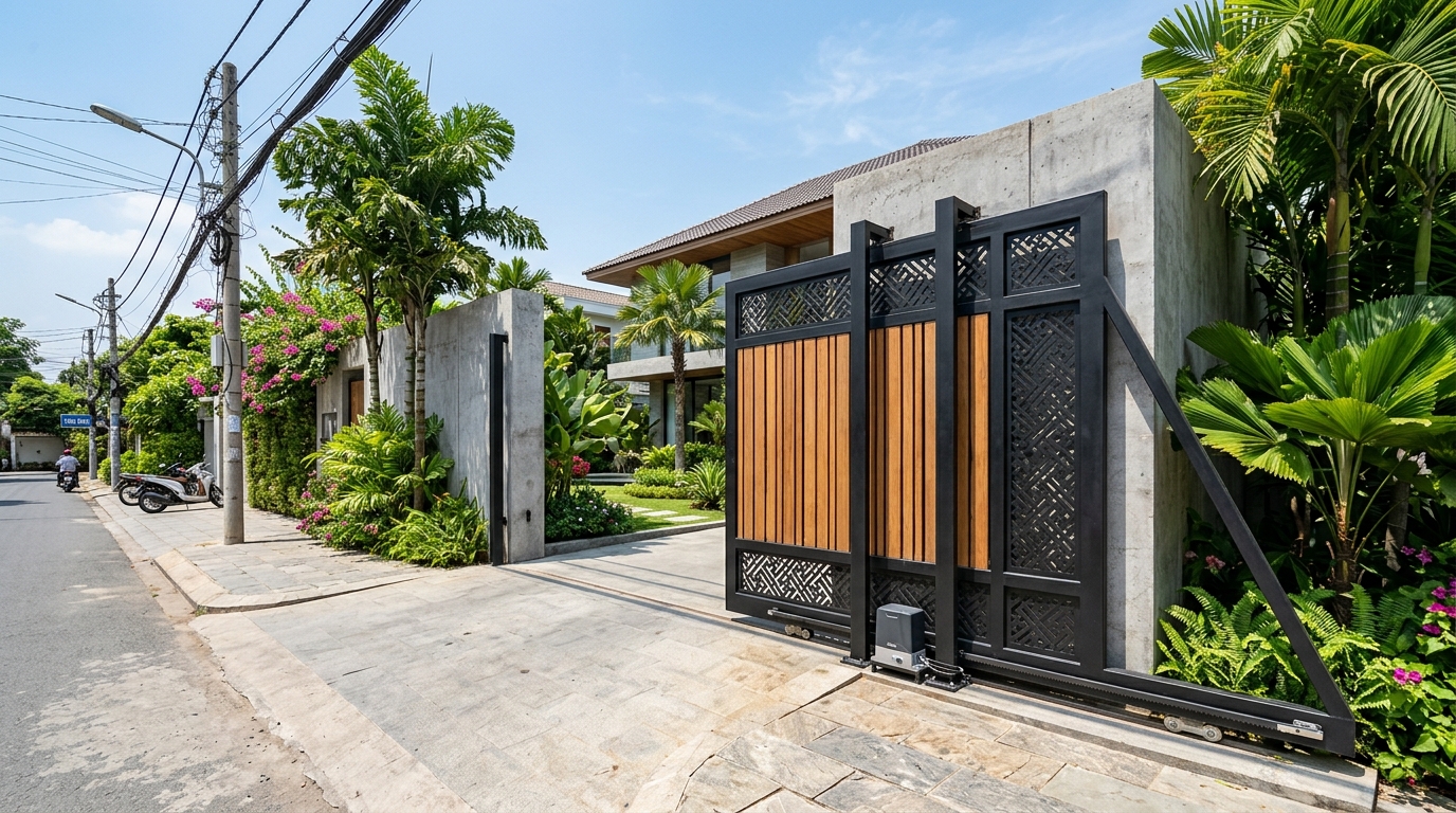 Mẫu cổng sắt 4 cánh trượt tự động hiện đại tại biệt thự Thảo Điền TP.HCM