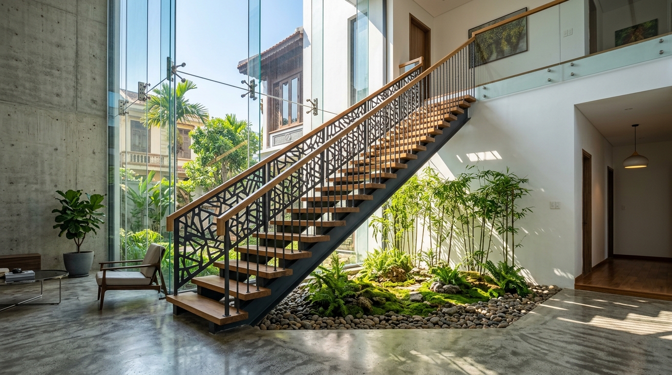 Cầu thang thép hộp dầm đôi kết hợp bậc gỗ sồi và giếng trời zen garden thực tế
