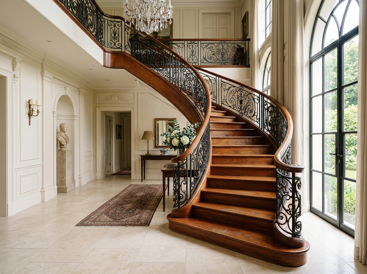 Lan Can Cầu Thang Hoa Văn Sắt Rèn Tay Vịn Gỗ